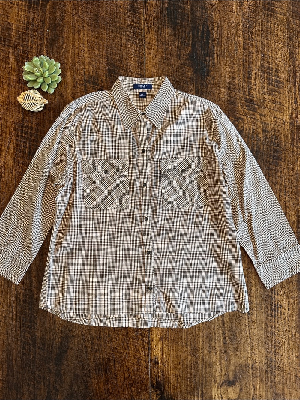 Chaps | Brown Plaid Boxy Button Down Shirt 3/4 Sleeves, Academia Preppy, Size L